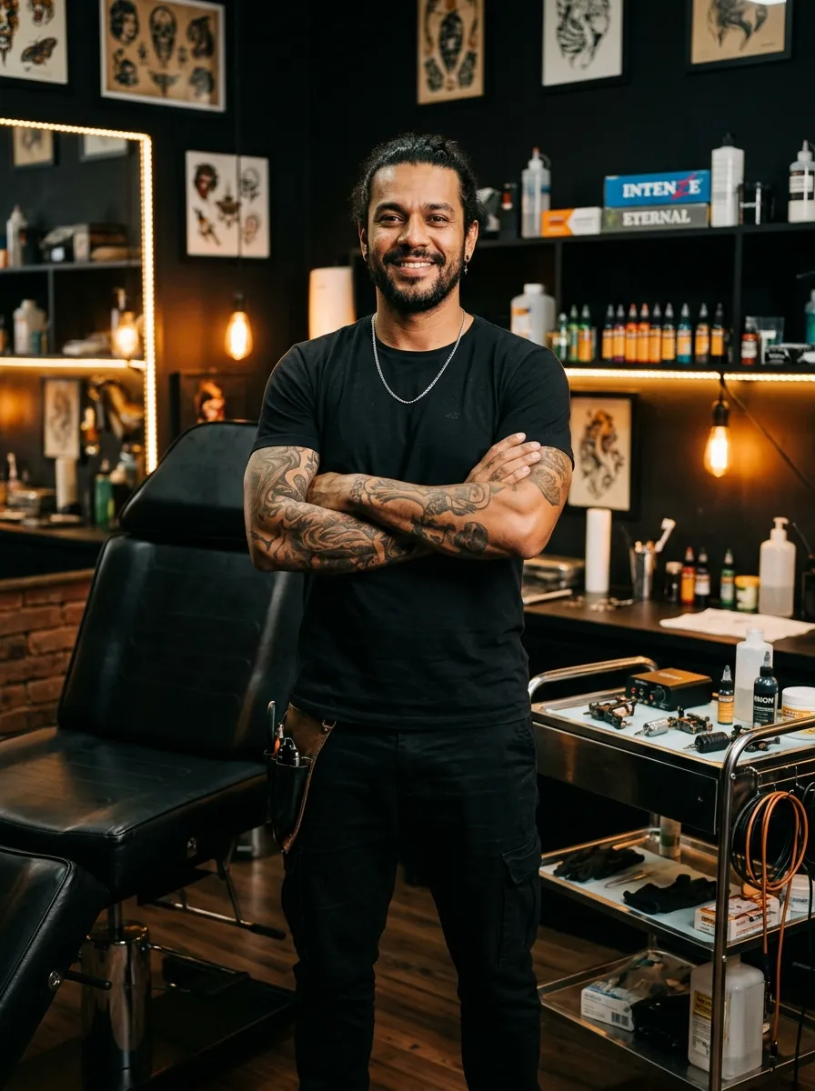 Wagner Primo no seu estúdio de tatuagem