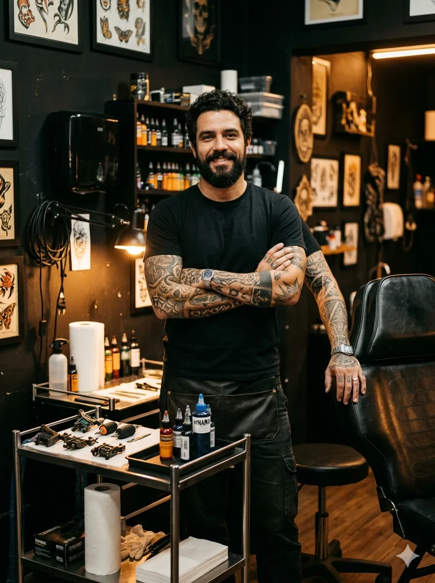 Wagner Primo no seu estúdio de tatuagem